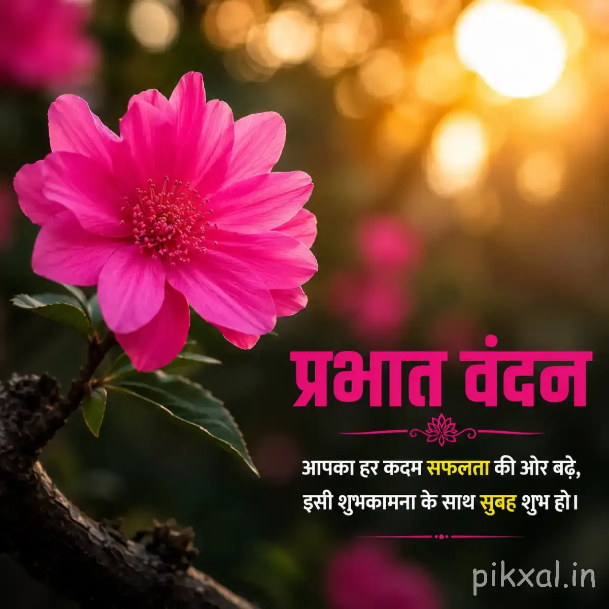 Large pink flower with layered petals and green foliage with a Hindi morning wish