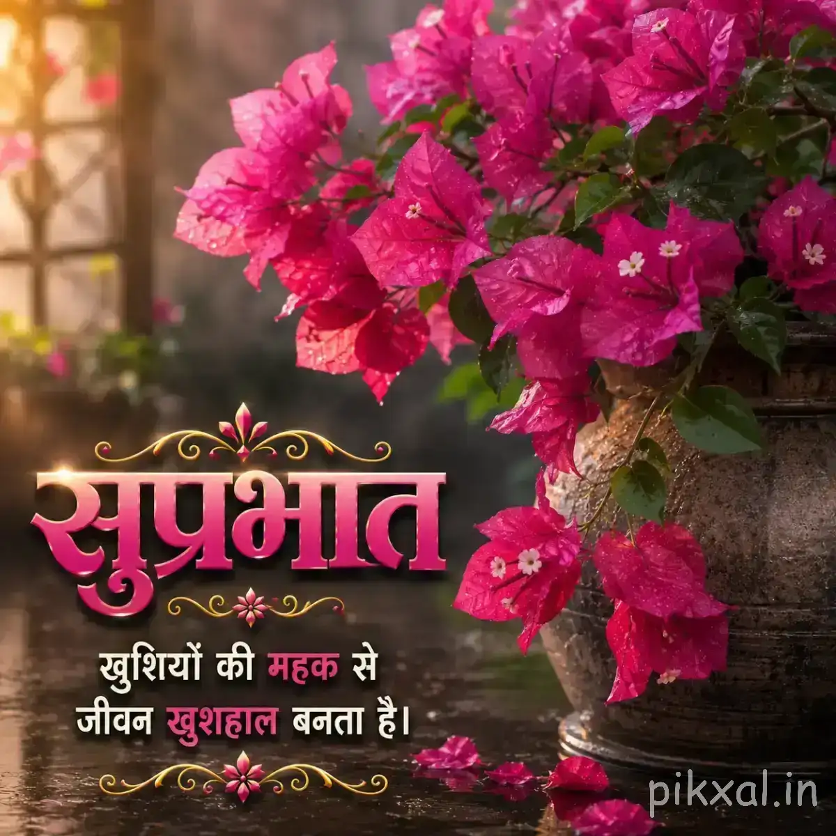 Dense cluster of bright pink flowers with green foliage and a Hindi Good Morning wish