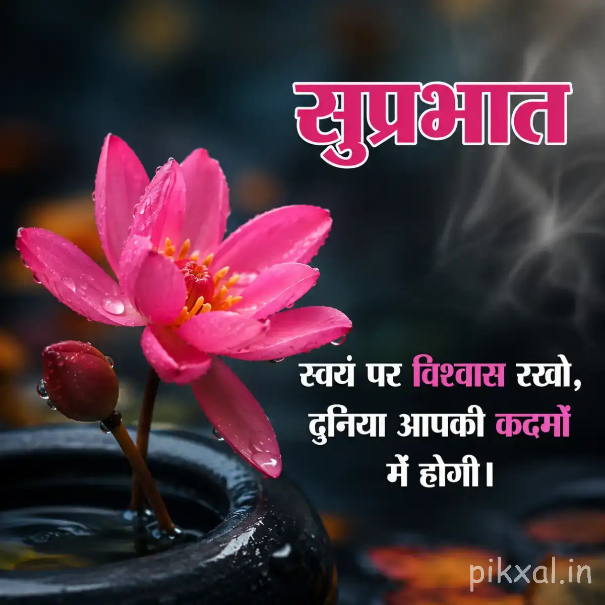 Pink flower with pointed petals beside water and a Hindi Good Morning greeting