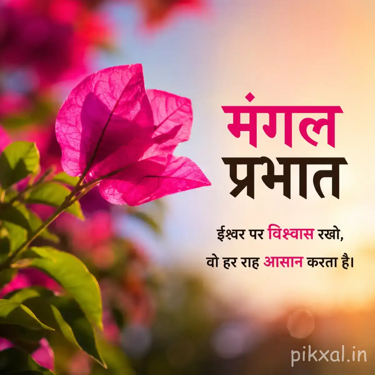 Pink flowers with green leaves and a Hindi morning message against a softly blurred background
