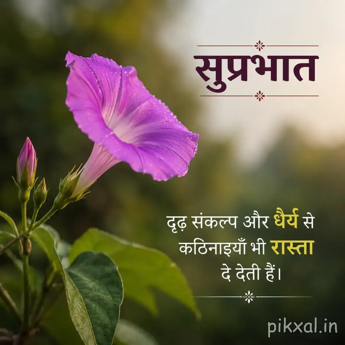 Single purple trumpet-shaped flower with green leaves and a Hindi Good Morning greeting
