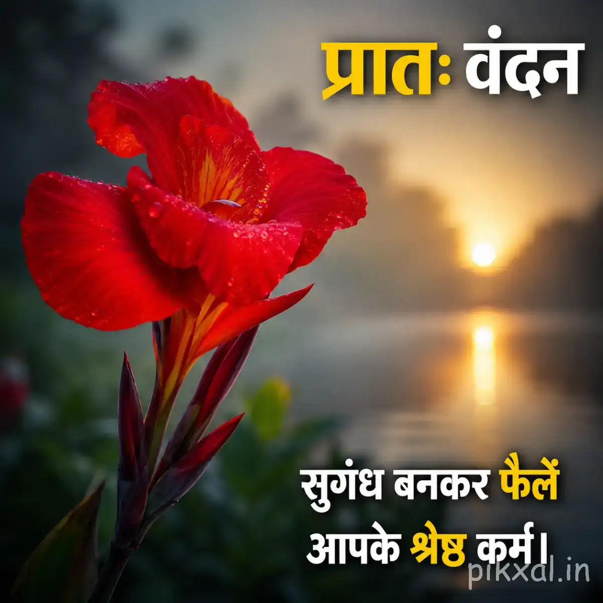 Single red flower with layered petals beside calm water and a Hindi morning wish