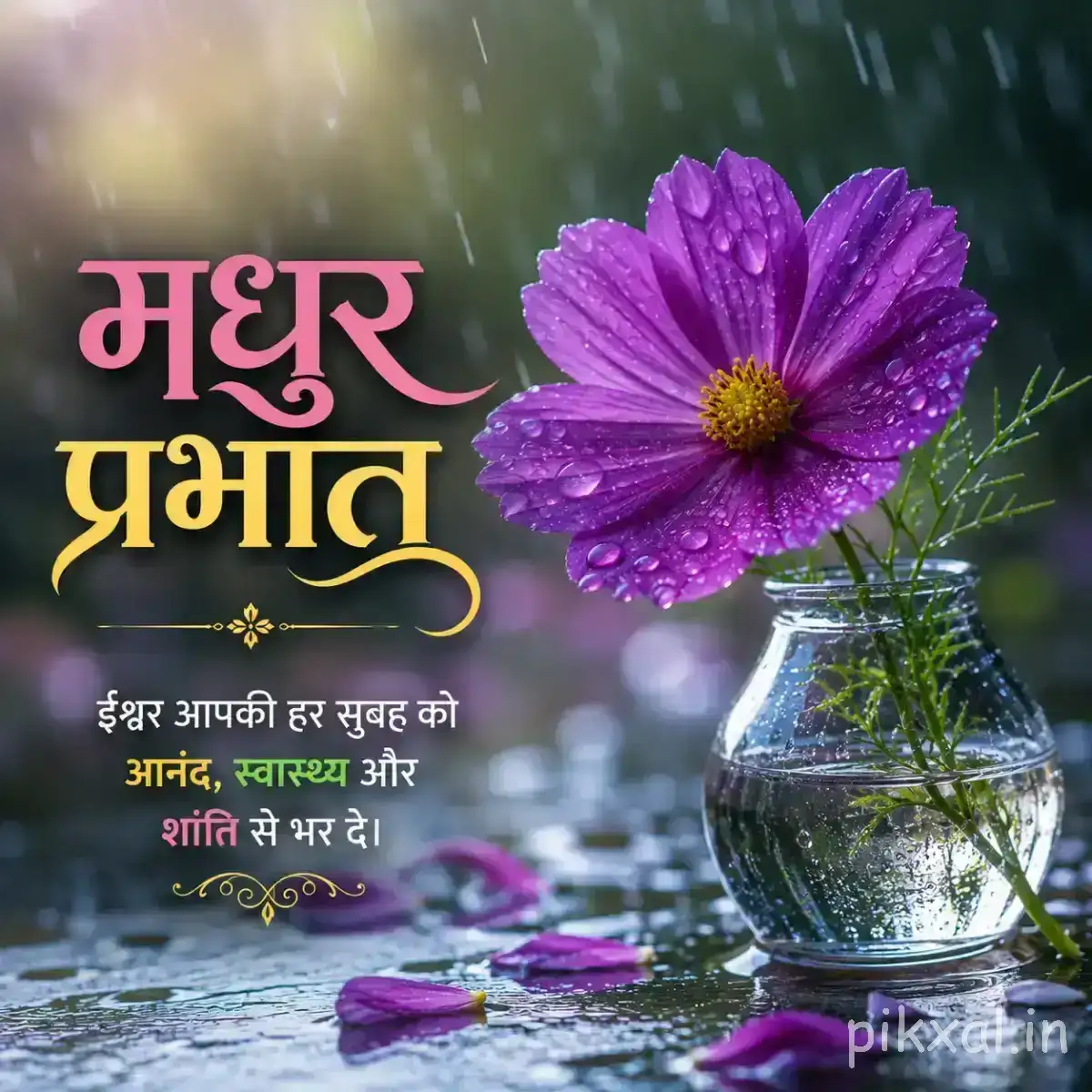 Single purple flower with narrow petals in a small glass vase beside a Hindi morning message