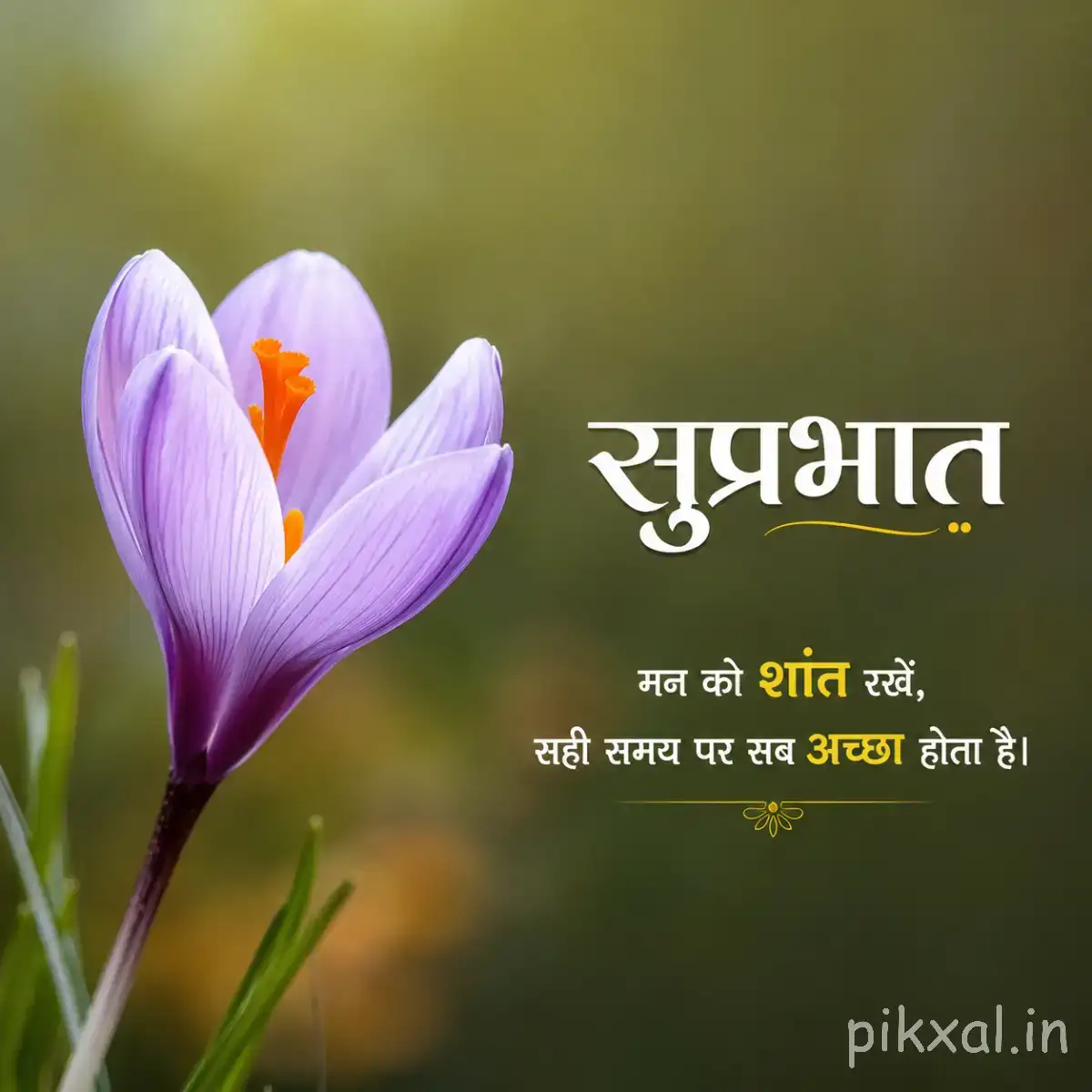 Purple upright flower with orange center against a softly blurred golden background and Hindi Good Morning message