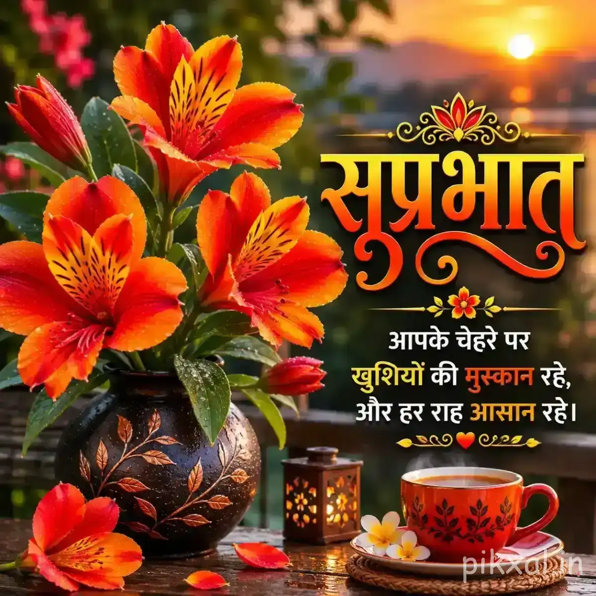 Orange and red good morning flower wishes arranged around a decorative vase