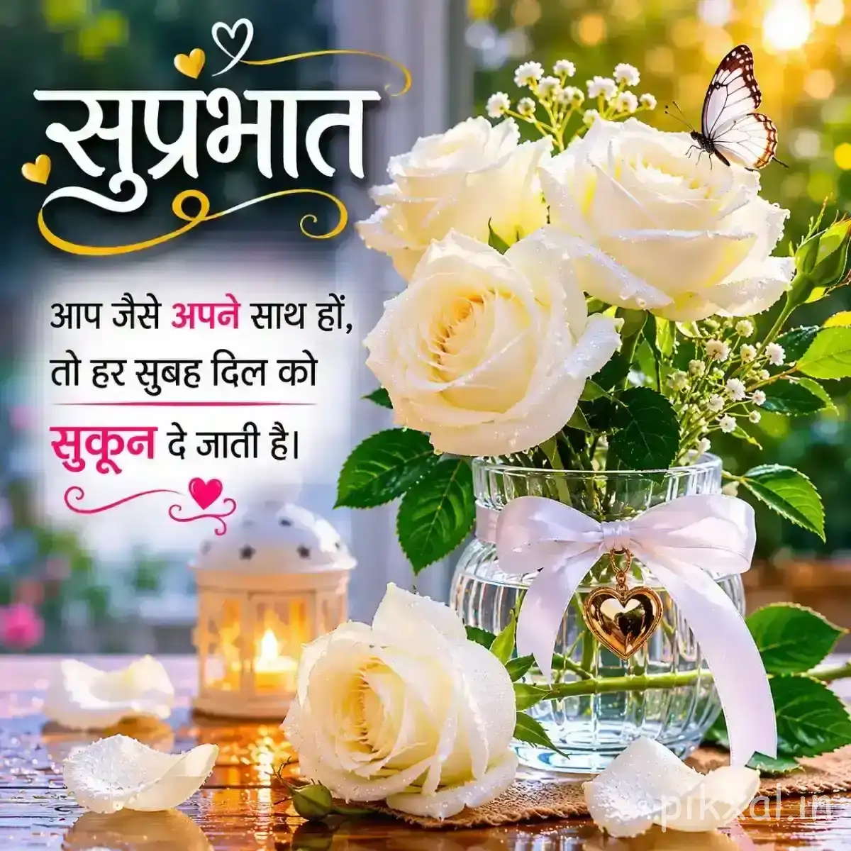White layered flowers with green leaves, butterflies, and a small decorative lamp in a morning greeting scene