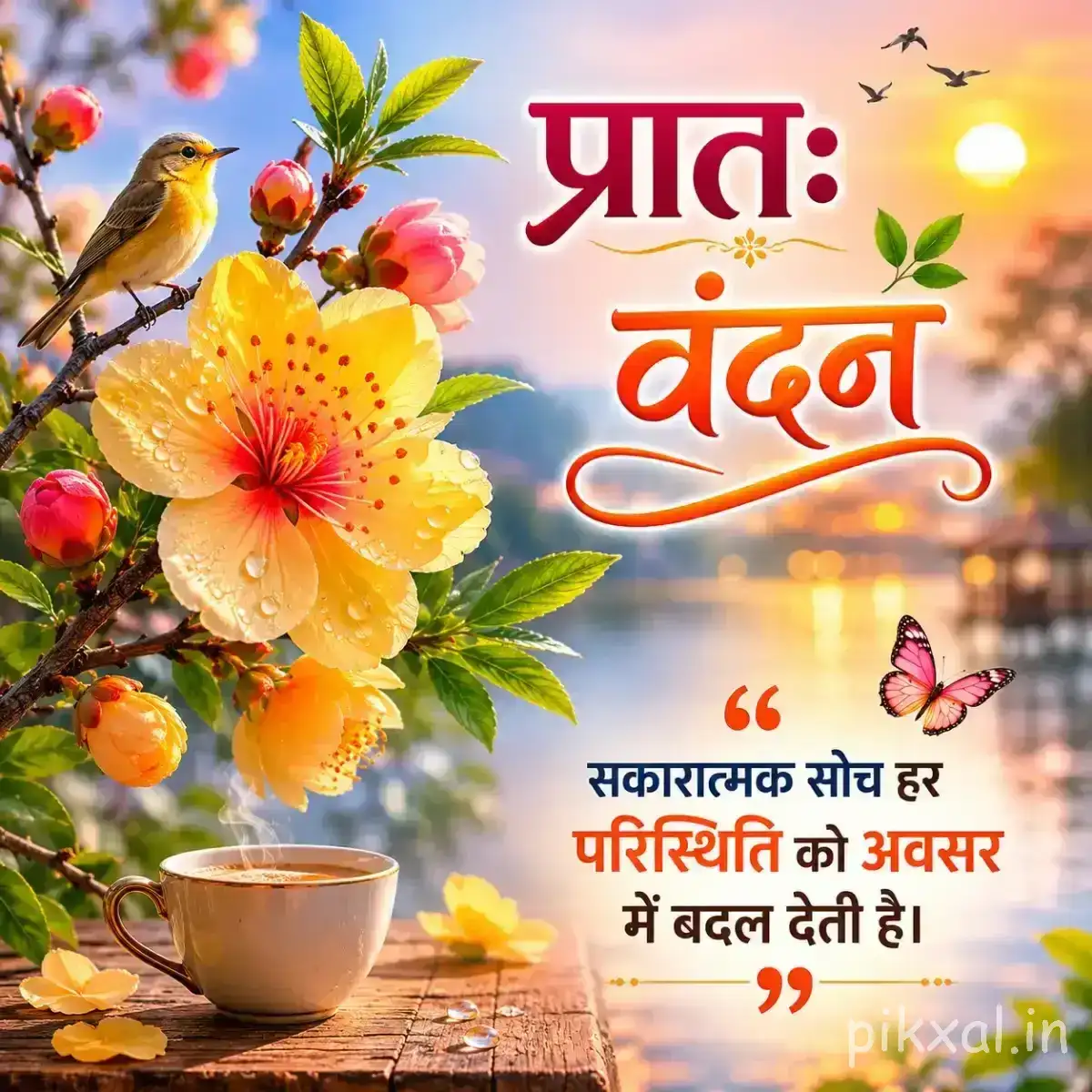 Yellow and orange flowers with green foliage, birds, a teacup, butterfly, and Hindi morning greeting