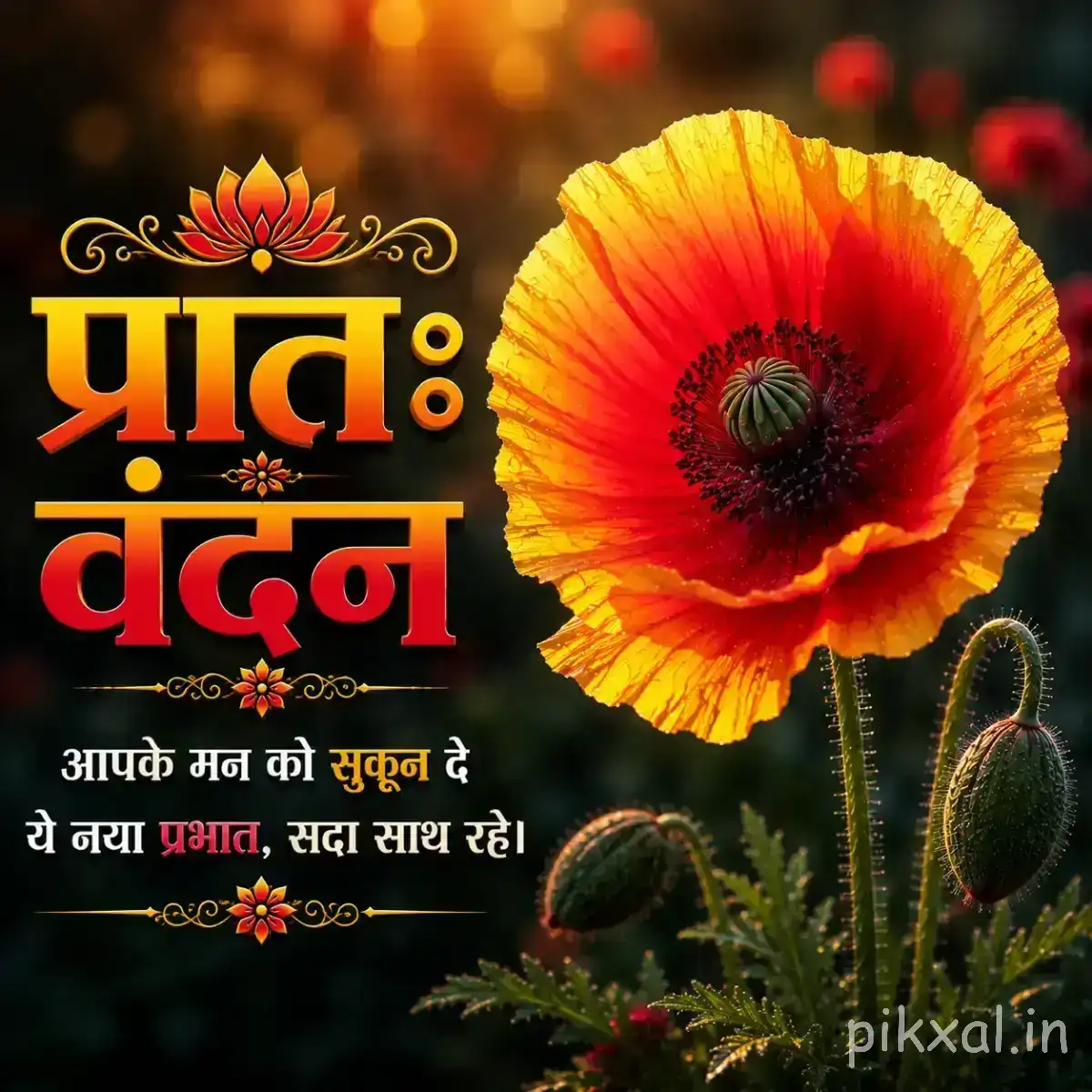 Single orange-red flower with broad petals and dark center beside unopened buds and a Hindi morning wish