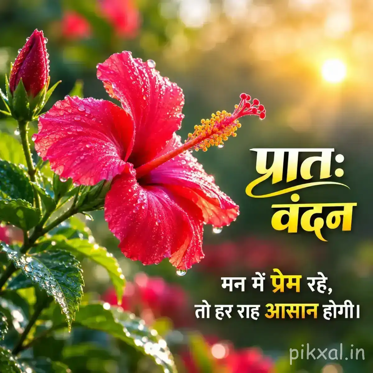 Single bright pink flower with broad petals and a dark center against softly blurred greenery and a Hindi morning wish