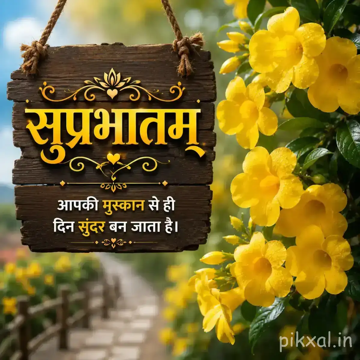 Several yellow flowers hanging in a loose cluster with green leaves and a Hindi Good Morning greeting