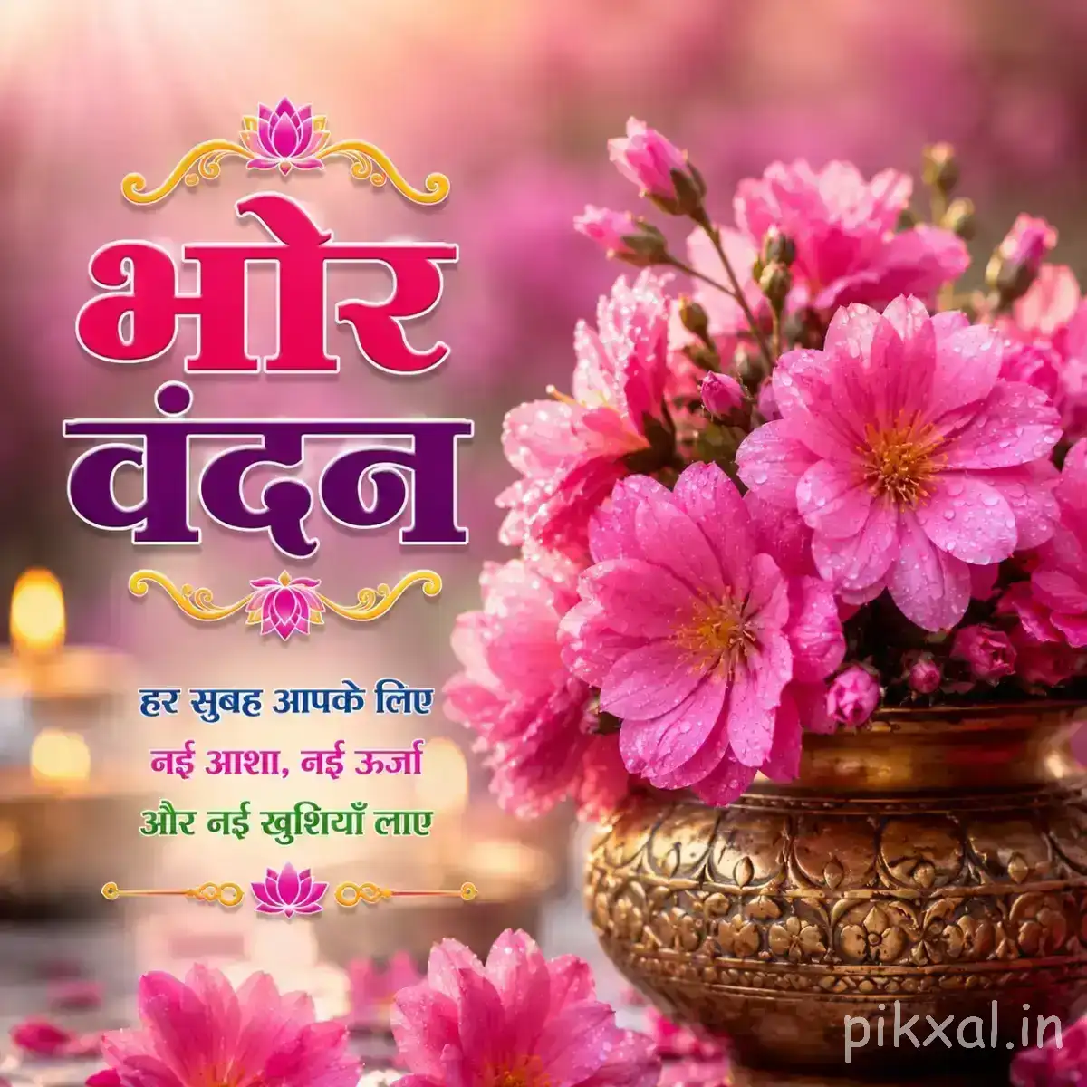 Several pink flowers clustered in a decorative pot with green foliage and a Hindi morning wish