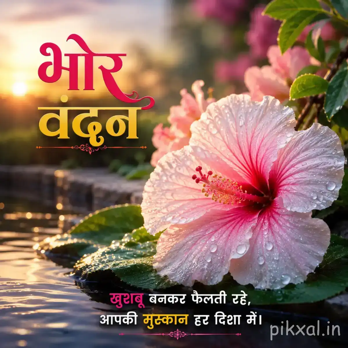 Single pale pink flower with broad petals beside water and a Hindi morning greeting