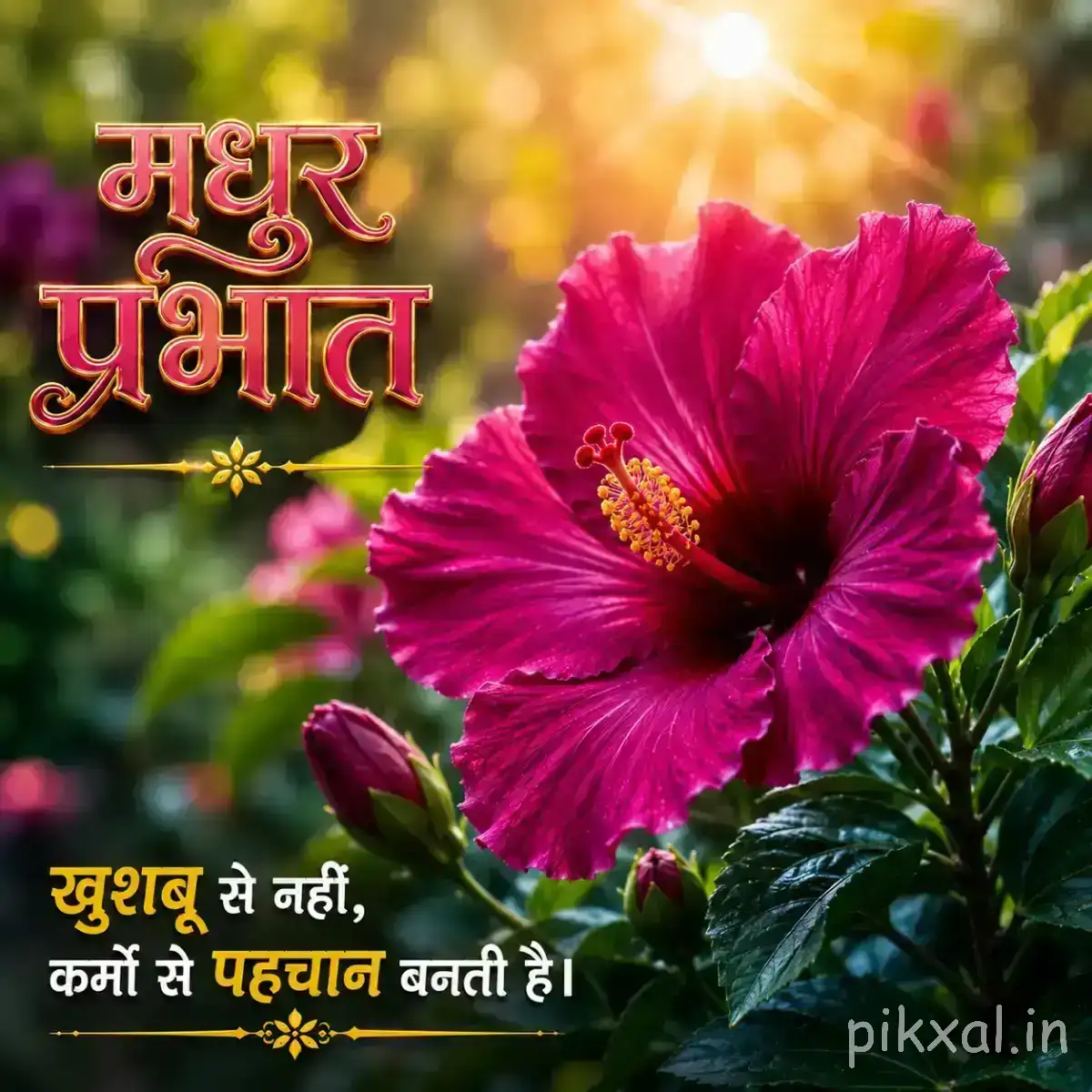 Single deep pink flower with broad layered petals against green foliage and a Hindi morning wish