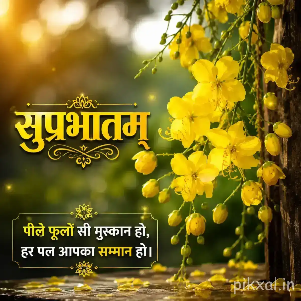 Yellow flowers hanging in clusters from leafy branches with a Hindi Good Morning wish