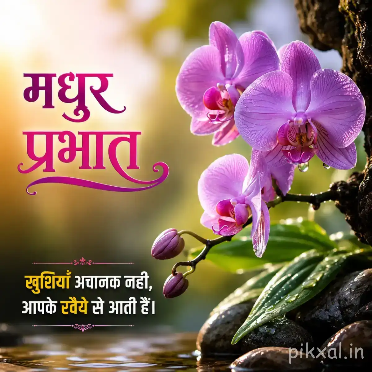 Purple flowers with rounded petals and unopened buds on a leafy branch with a Hindi morning wish