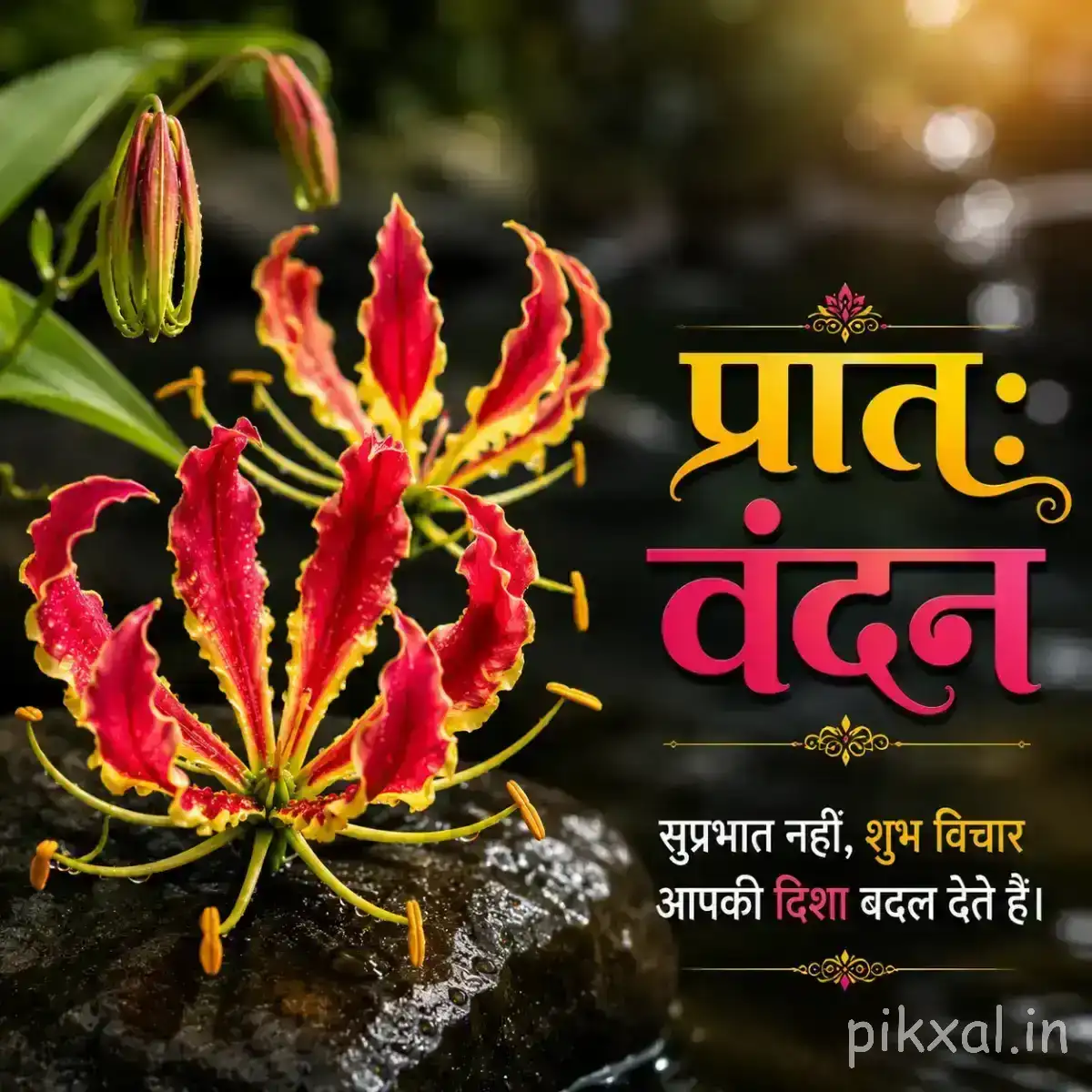 Red and yellow flowers with long curling petals and unopened buds against a dark background