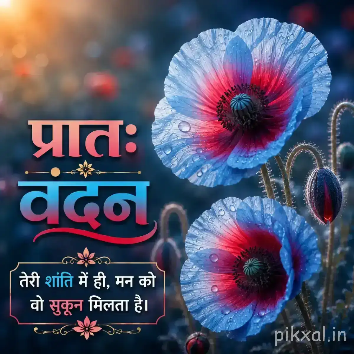 Blue and pink flowers with dark centers and unopened buds beside a Hindi morning wish