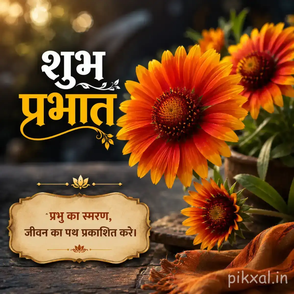 Orange flowers with dark centers and green leaves beside a Hindi Good Morning message