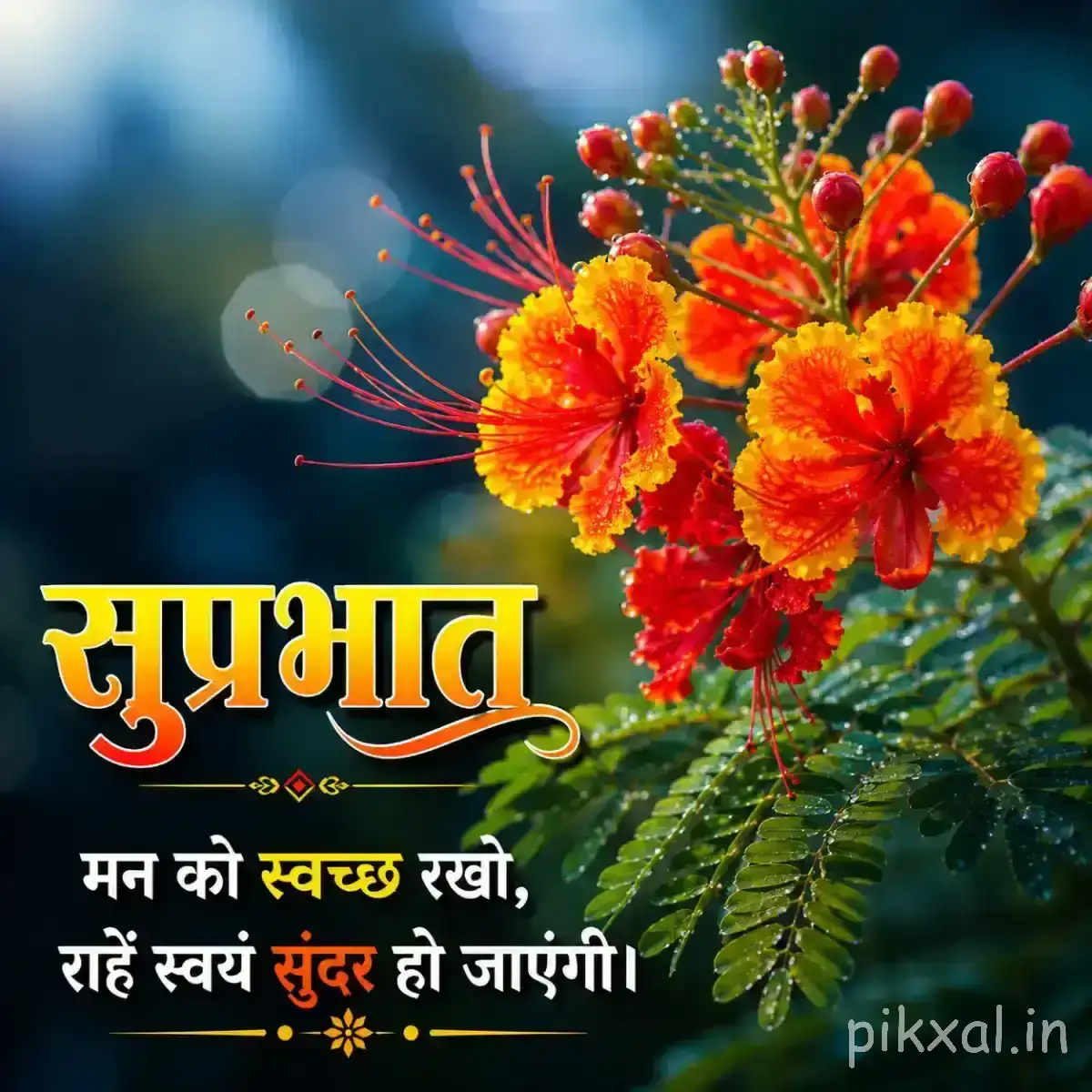 Orange-red flowers with long stamens and rounded buds against blurred greenery and a Hindi morning wish