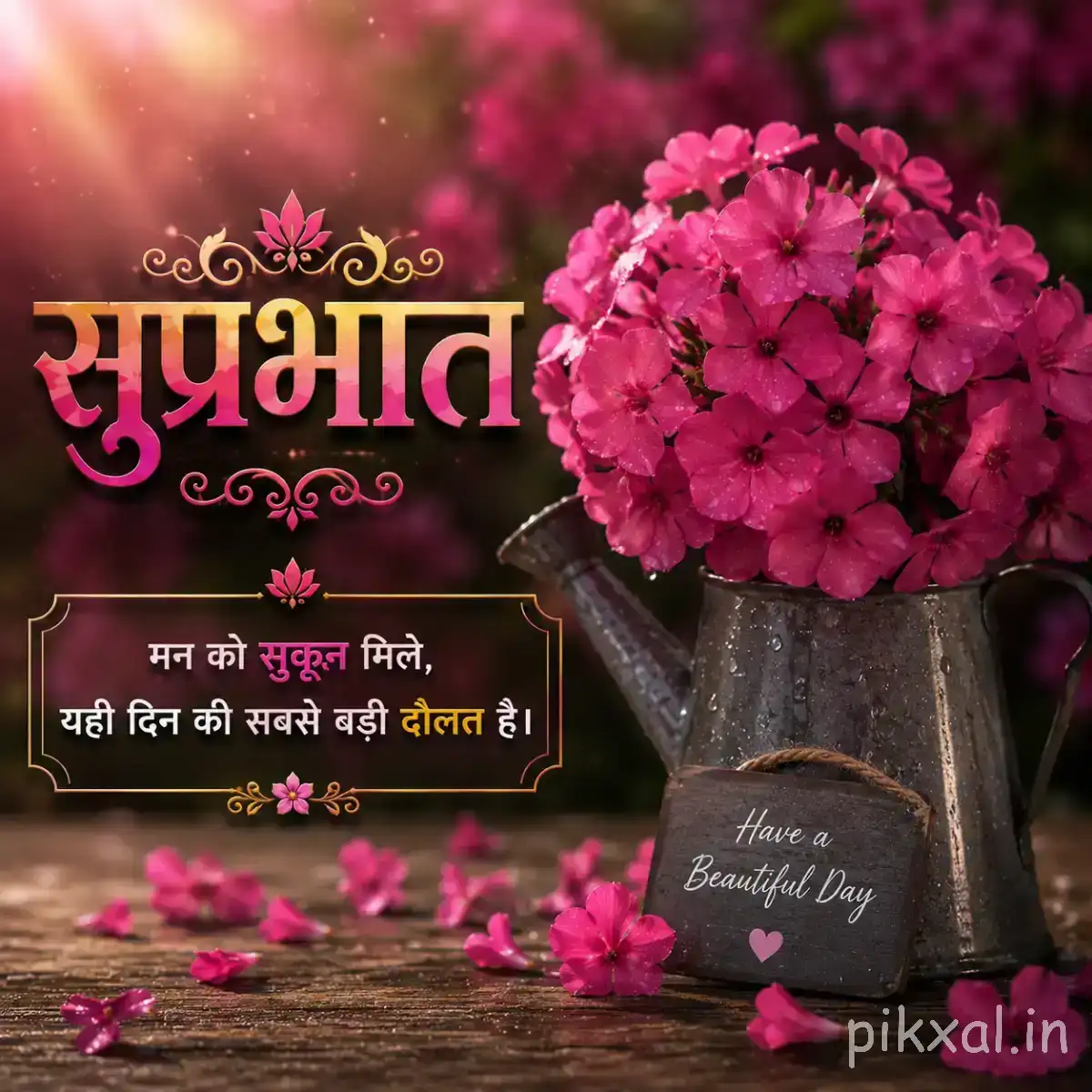 Dense cluster of pink flowers beside a dark pot with scattered petals and a Hindi Good Morning wish