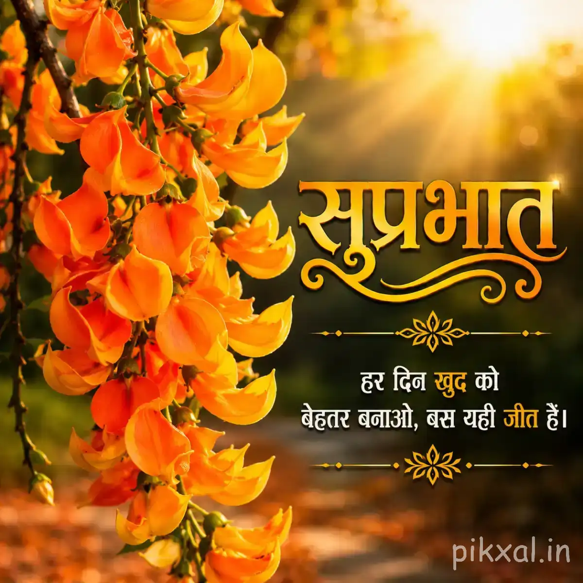 Orange flowers hanging in a dense cluster with green leaves and a Hindi Good Morning greeting