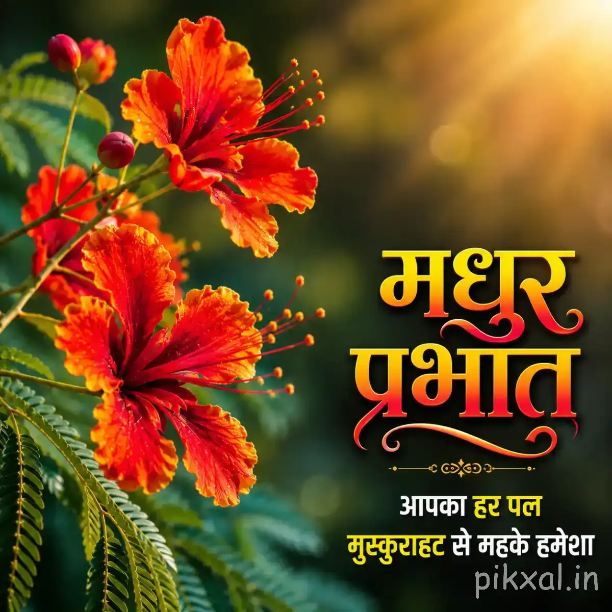 Red-orange flowers with long stamens and green leaves against warm sunlight and a Hindi morning greeting