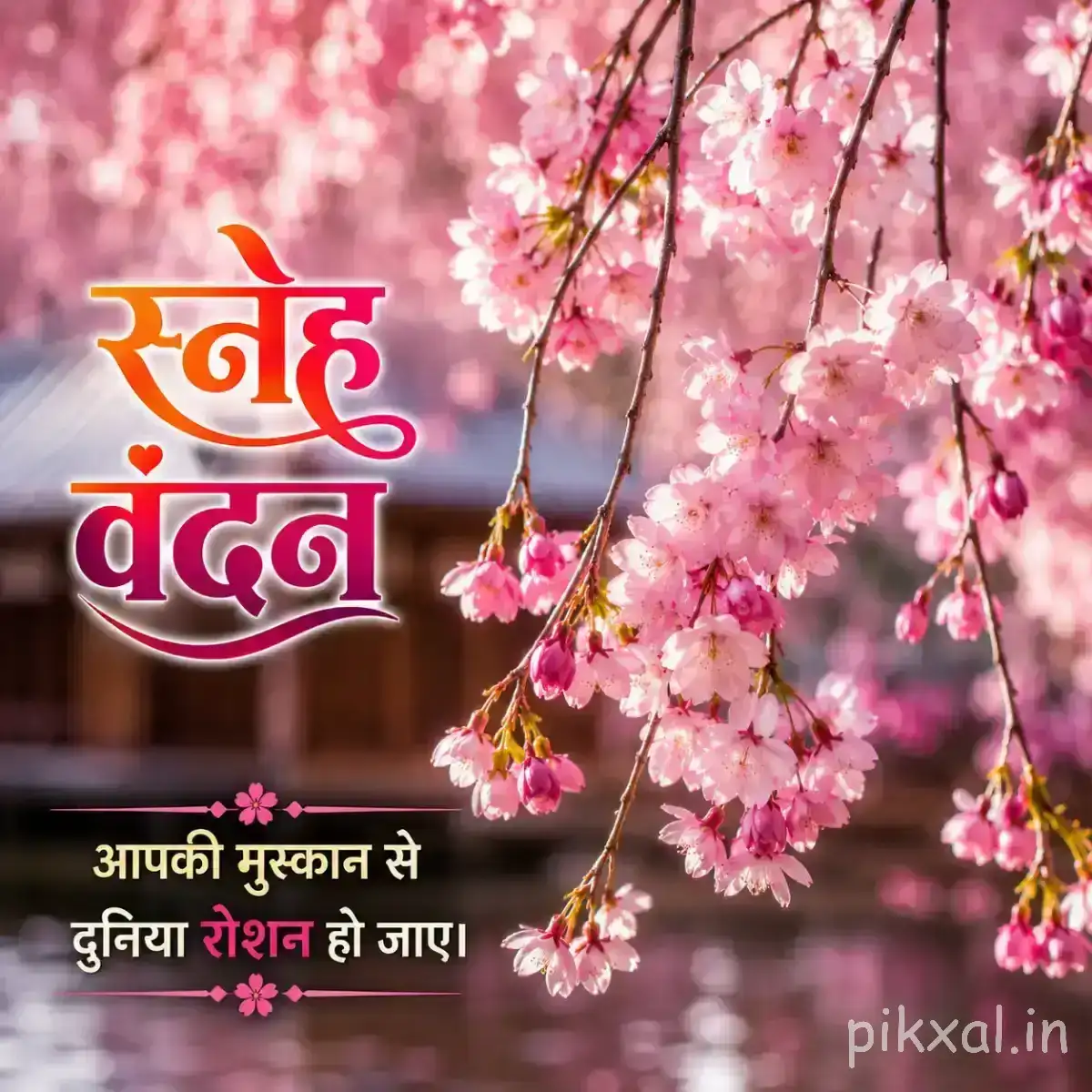 Small pink flowers hanging from branches against a soft pink background with a Hindi morning wish