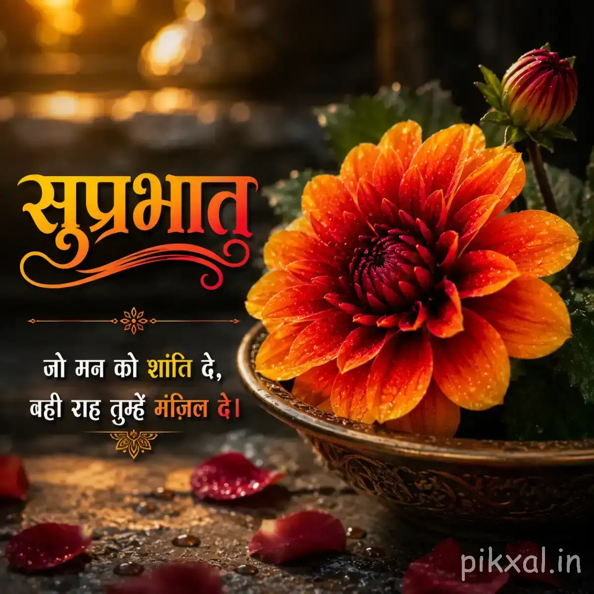 Single orange flower with layered petals and an unopened bud on a dark surface with a Hindi Good Morning wish