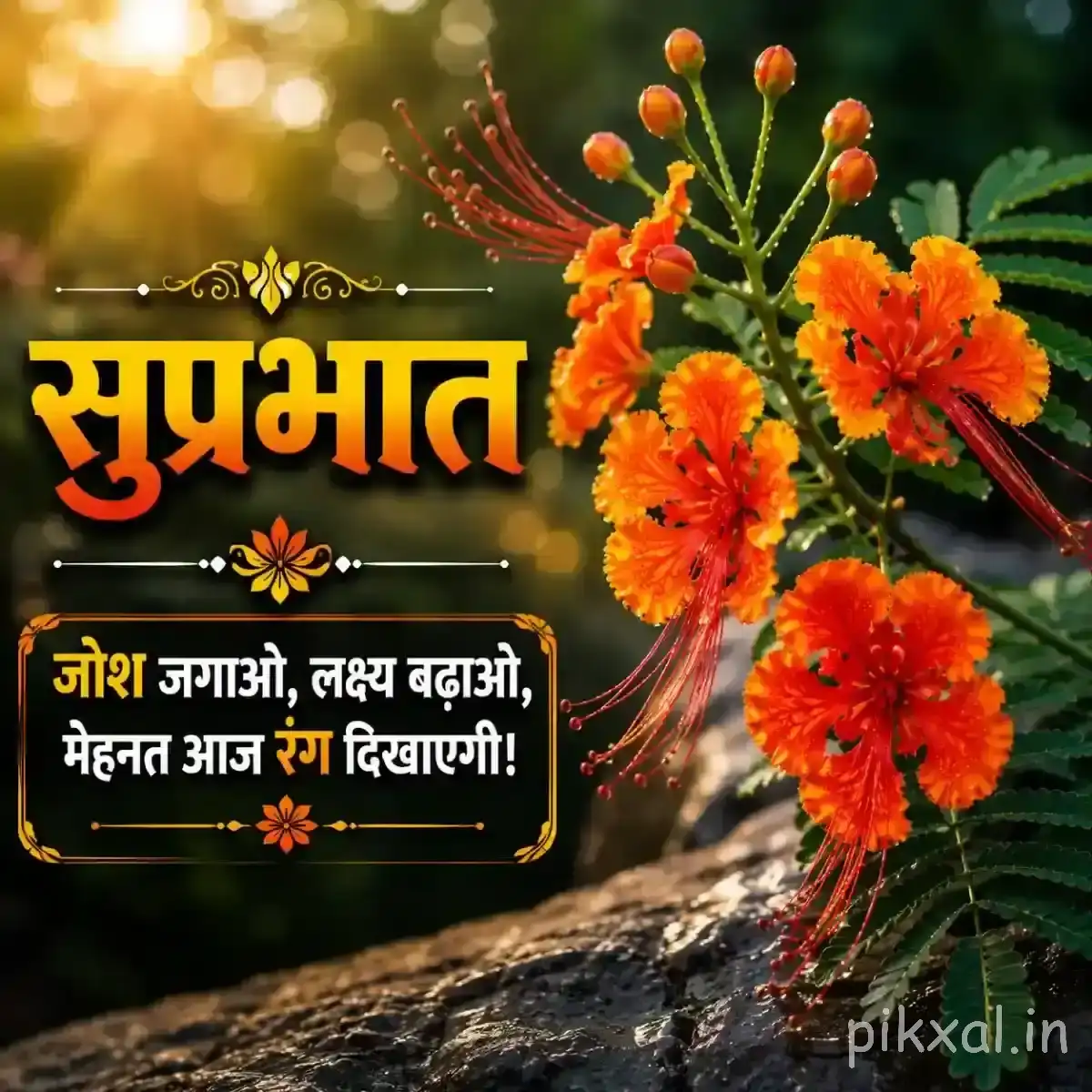 Orange-red flowers and rounded buds along a leafy branch with a Hindi Good Morning message