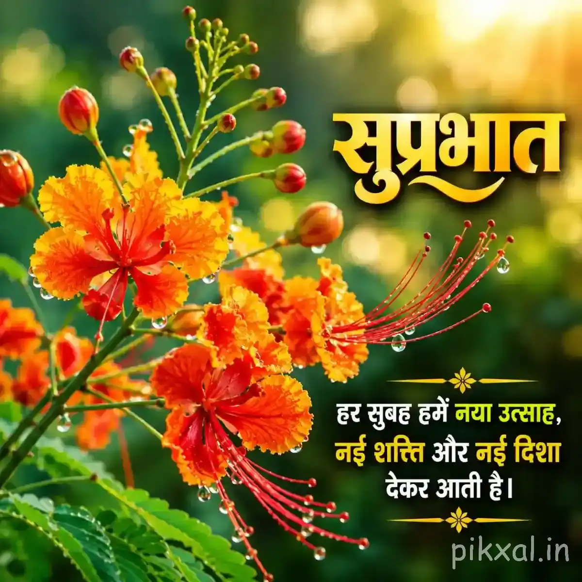 Orange-red flowers with long stamens and numerous buds on leafy branches with a Hindi morning wish