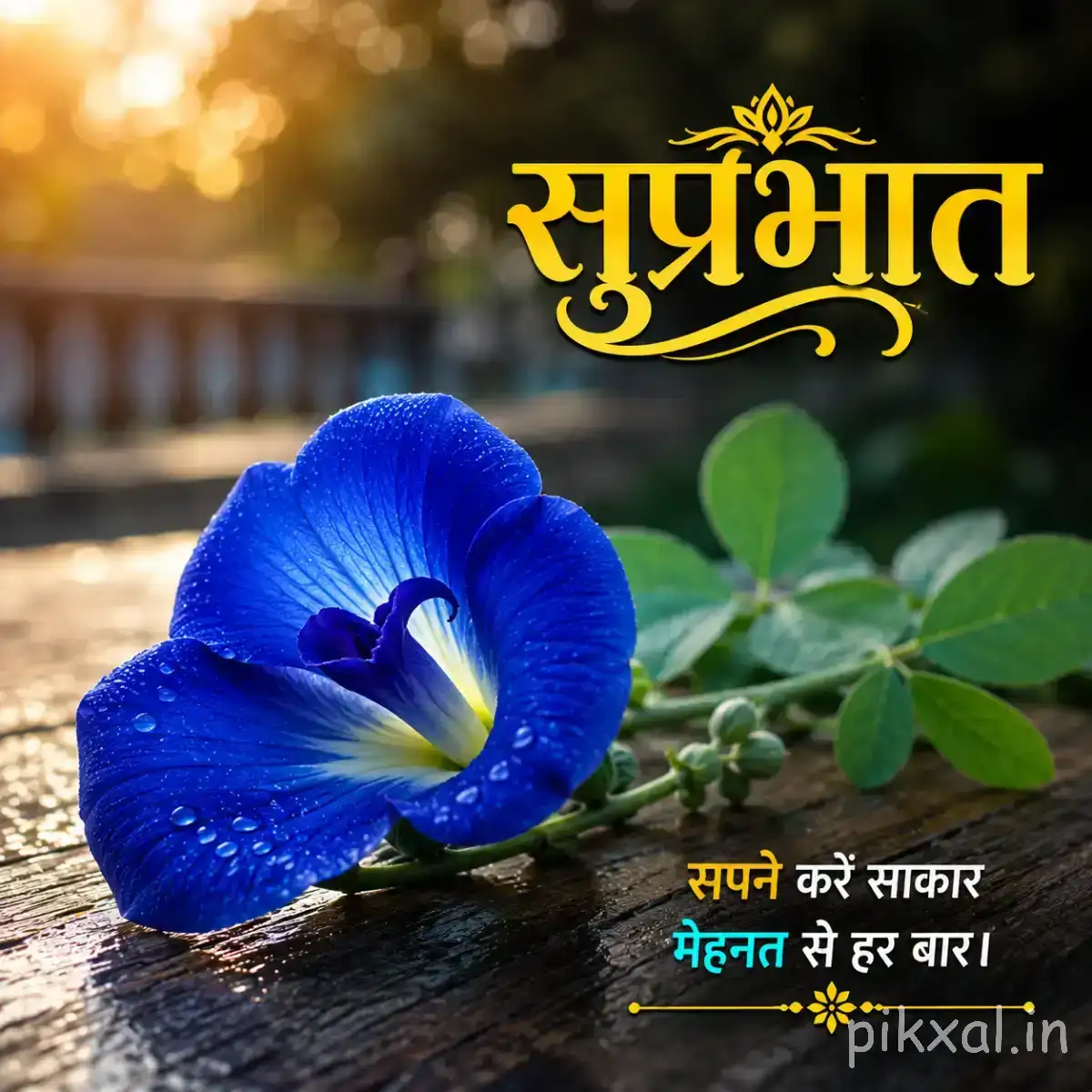 Single deep blue flower with a pale center surrounded by green leaves and a Hindi Good Morning greeting