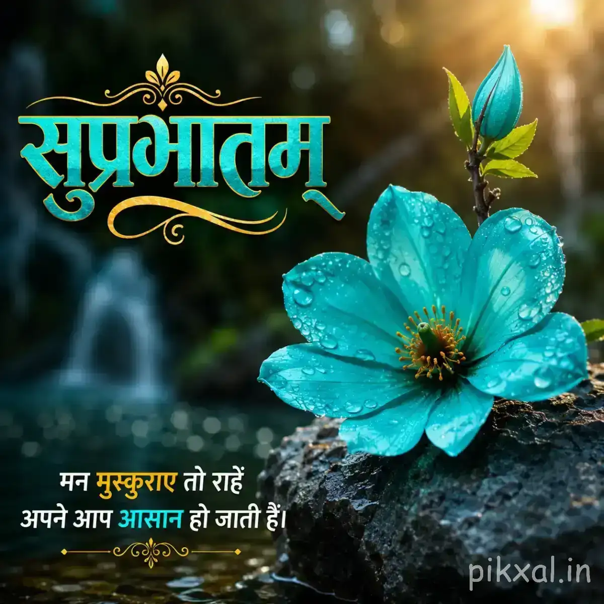 Turquoise-blue flower with a dark center and slender petals against a misty green background with a Hindi Good Morning wish