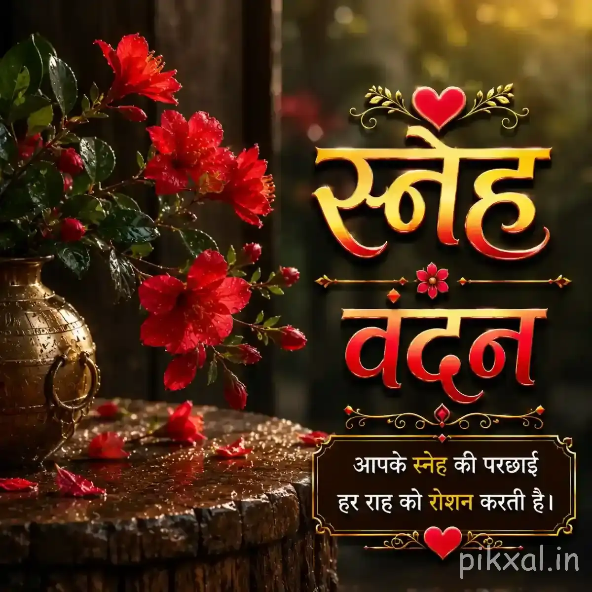 Small red flowers with green foliage on a dark wooden surface and a Hindi morning wish