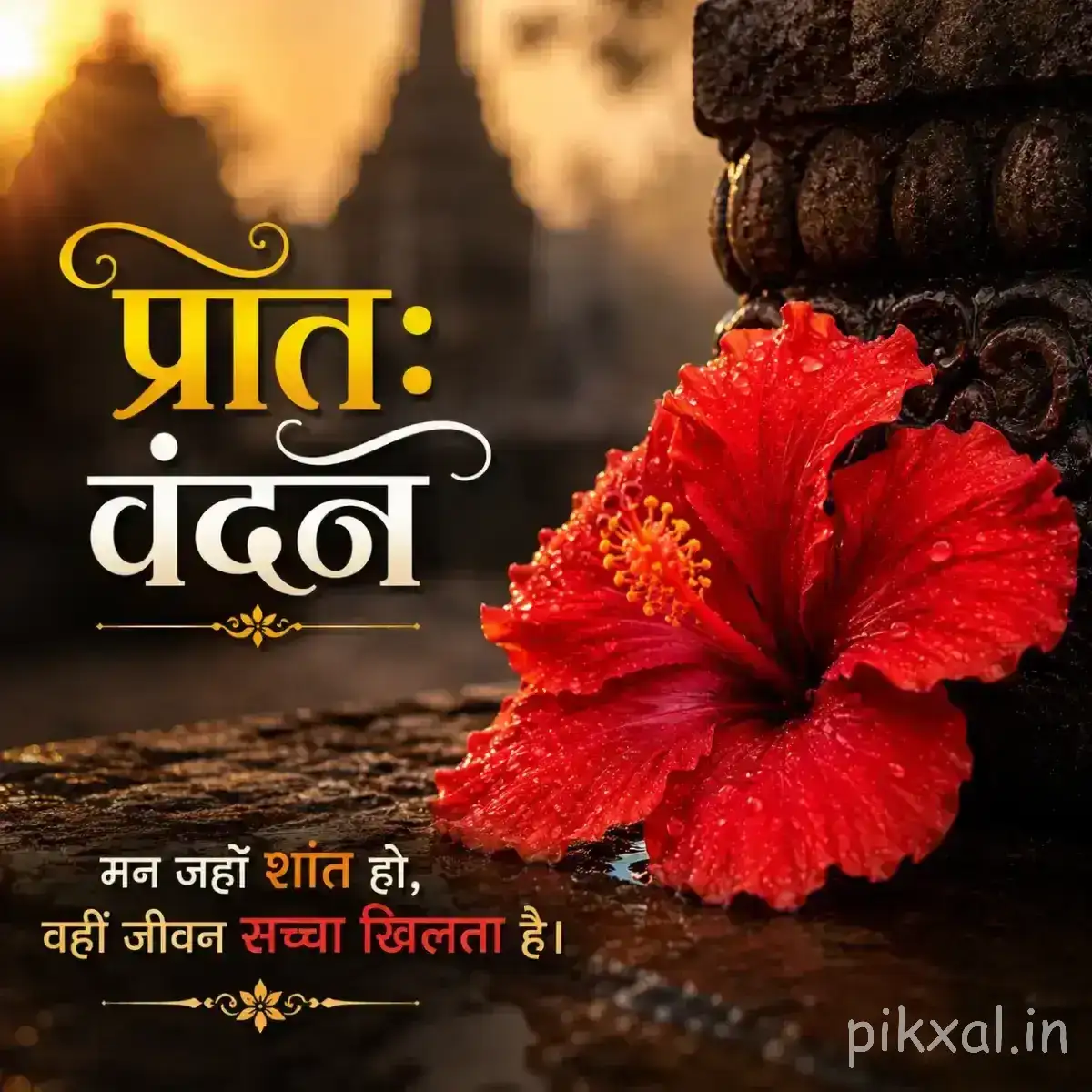 Red flower with broad petals beside orange clustered flowers and a Hindi morning greeting