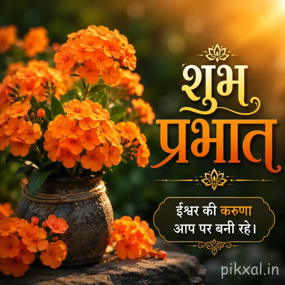 Dense orange flower cluster in a pot with scattered blossoms and a Hindi Good Morning wish