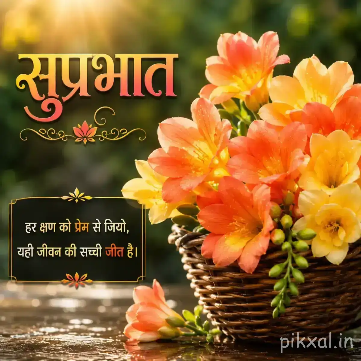 Peach and orange flowers arranged in a small basket beside a Hindi Good Morning message