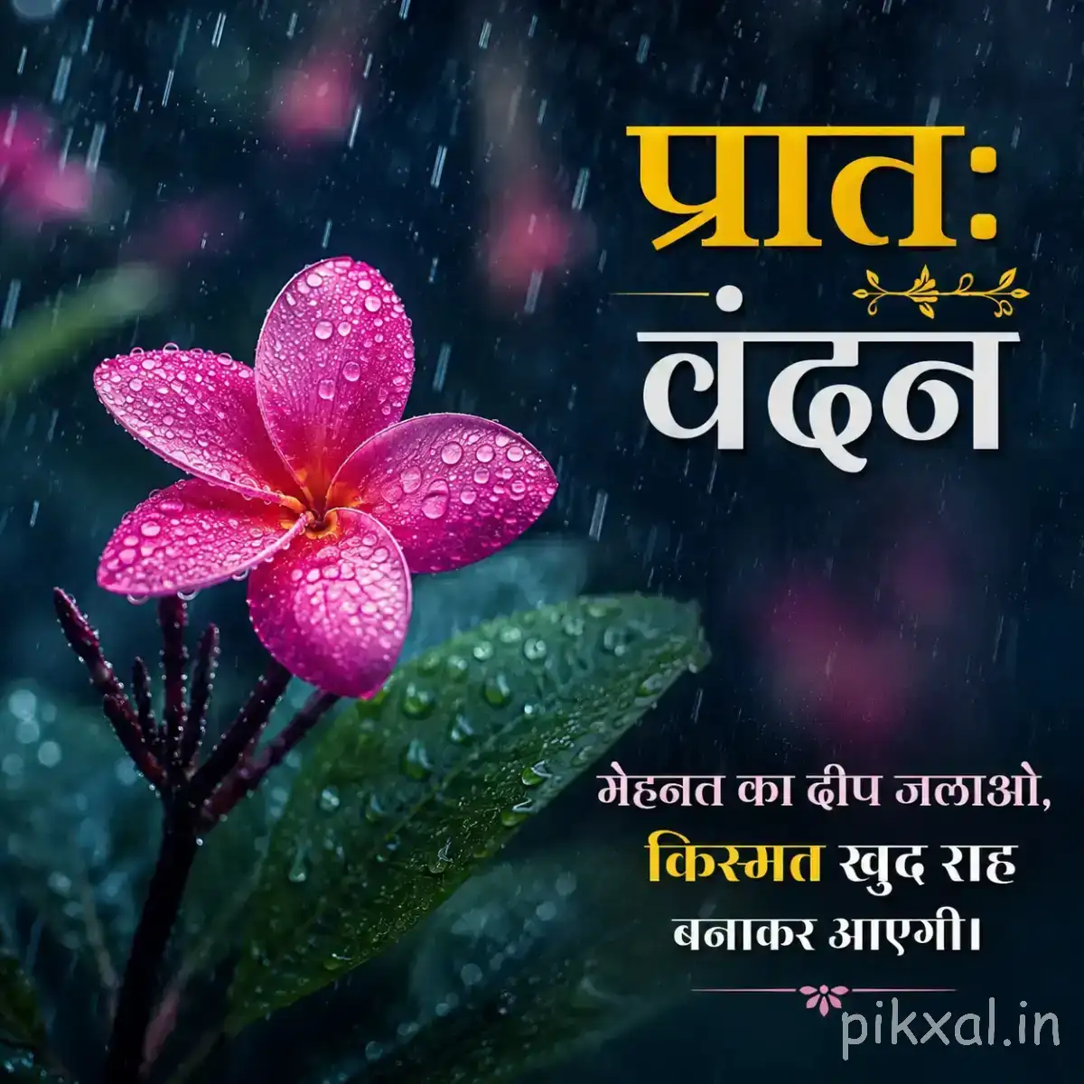 Single pink flower with five rounded petals and green leaves against a dark background with a Hindi morning wish