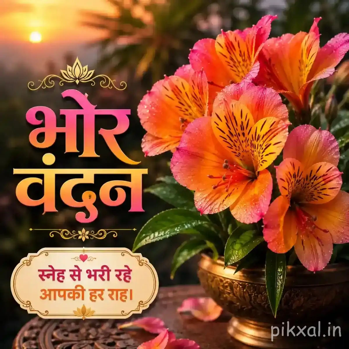 Several orange and pink flowers with dark centers in a cluster beside a Hindi morning greeting