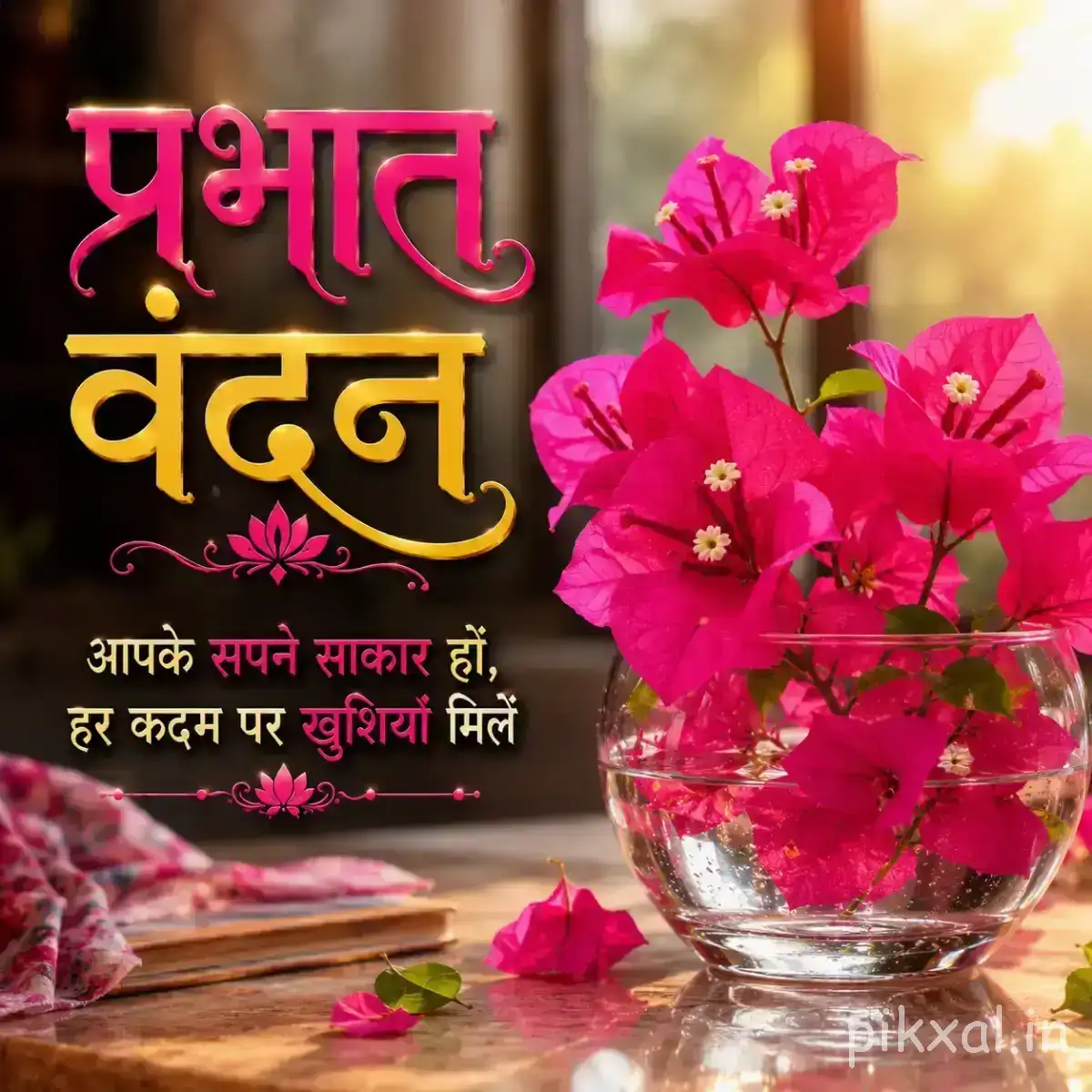 Pink flowers with rounded petals arranged in a glass vase beside a Hindi morning wish