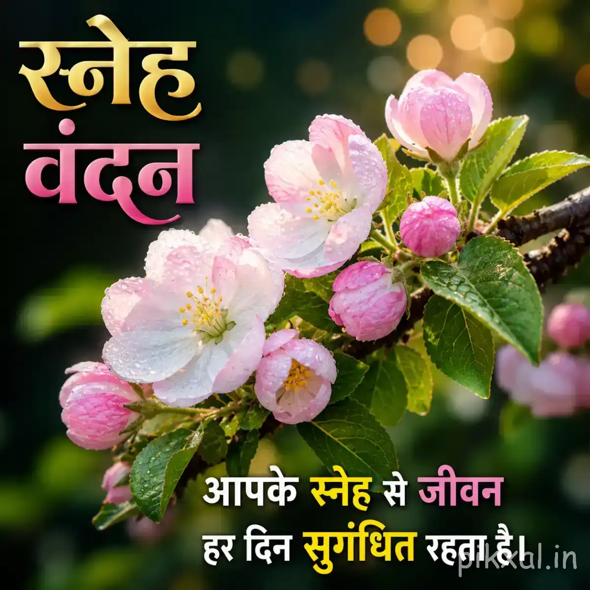 White and pale pink flowers with rounded buds and green leaves beside a Hindi morning message
