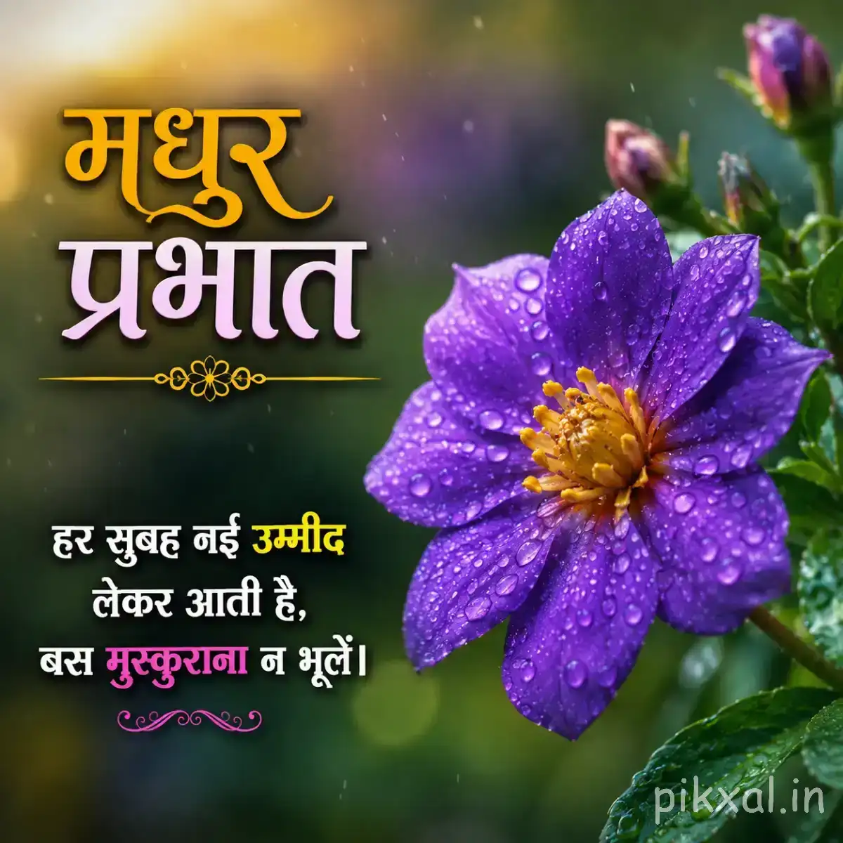 Single purple flower with rounded petals, yellow center, and green foliage beside a Hindi morning wish
