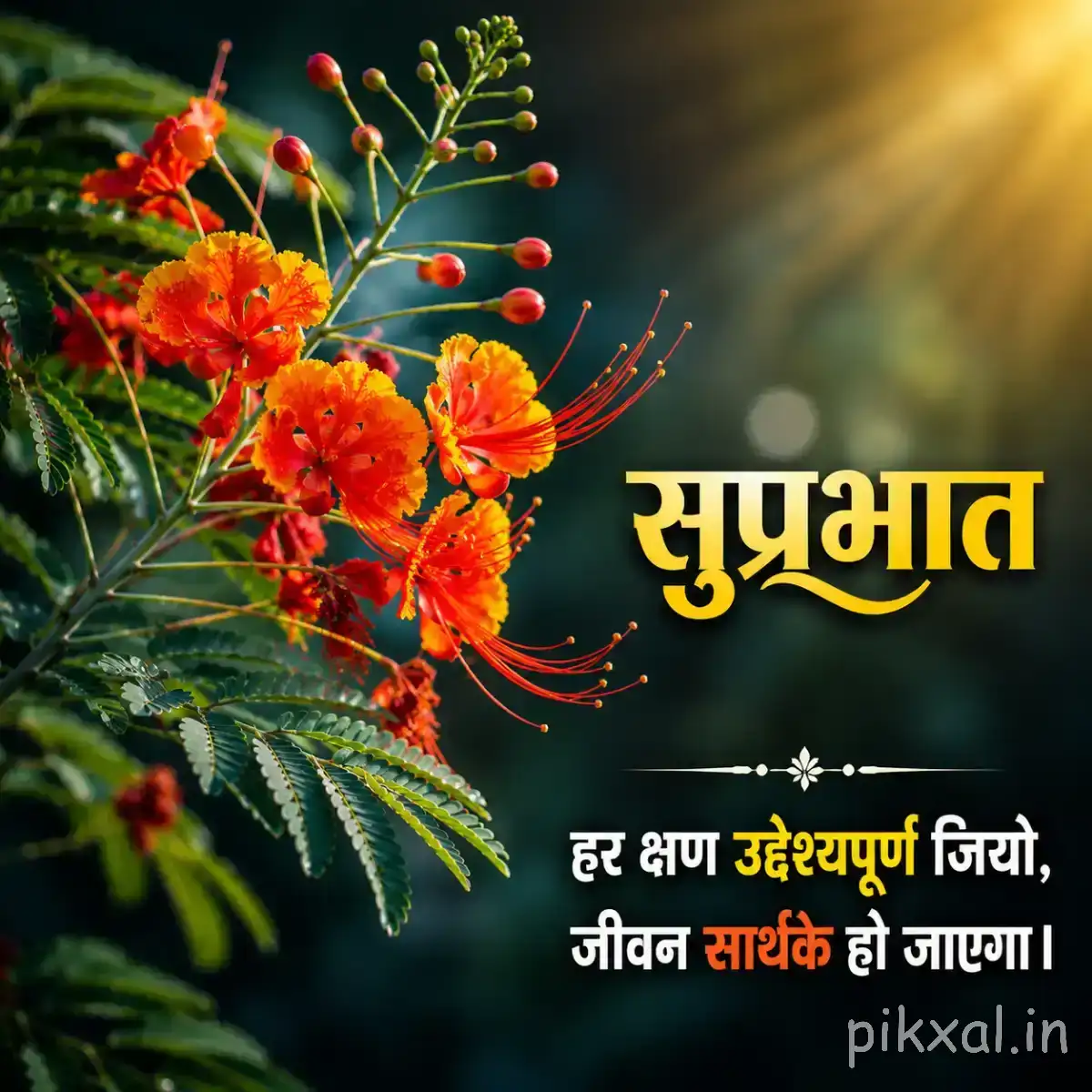 Orange-red flowers with long stamens and numerous buds on leafy branches beside a Hindi Good Morning greeting