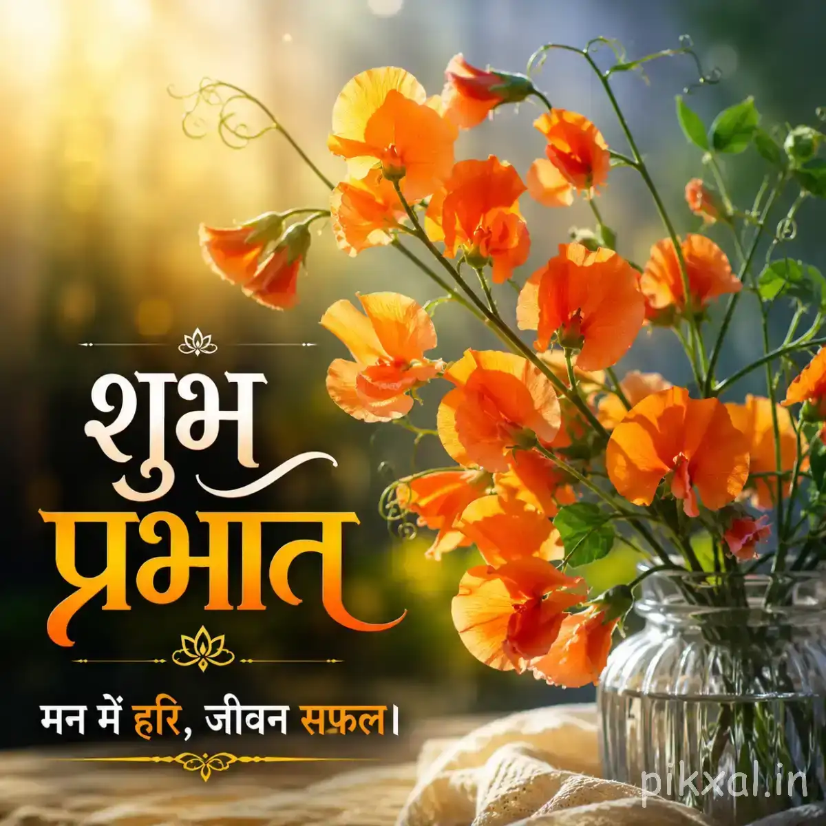 Several orange flowers with green leaves arranged in a glass vase beside a Hindi morning wish