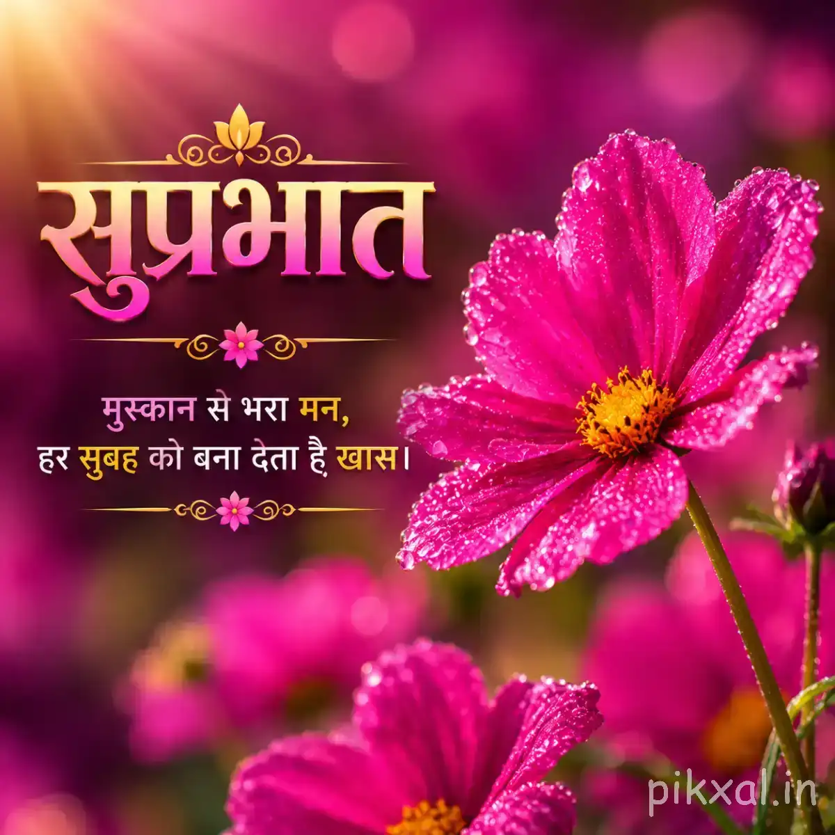 Bright pink flowers with layered petals and dark centers against blurred foliage with a Hindi Good Morning wish