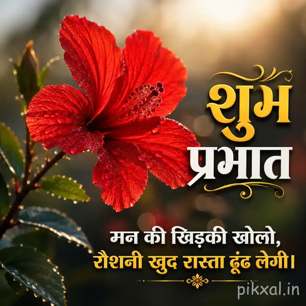 Single red flower with broad petals and long stamens beside green leaves and a Hindi morning greeting