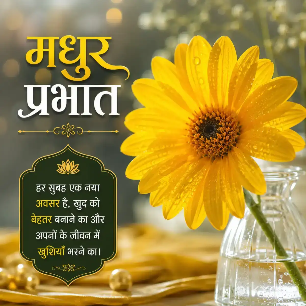 Single yellow flower with a dark center in a glass vase beside a Hindi morning wish