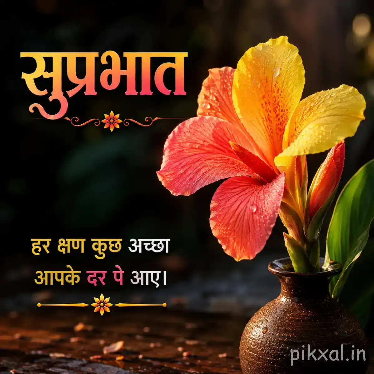 Orange and yellow flowers with broad petals arranged in a small vase beside a Hindi Good Morning greeting