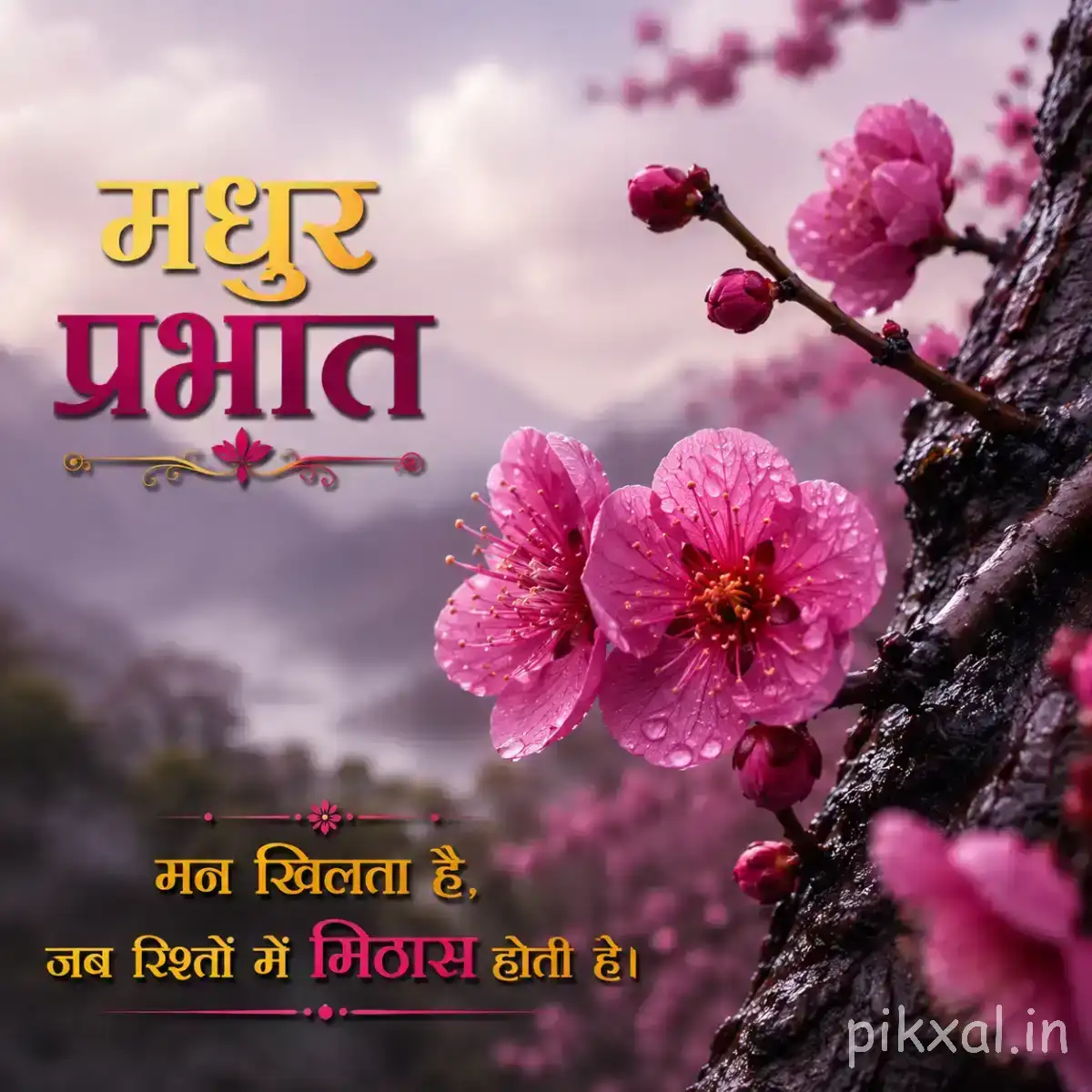 Pink flowers on a flowering branch with a Hindi morning wish