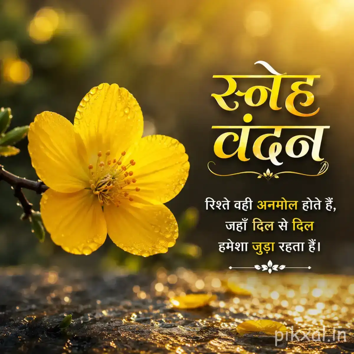 Single yellow flower with five rounded petals beside a Hindi morning greeting