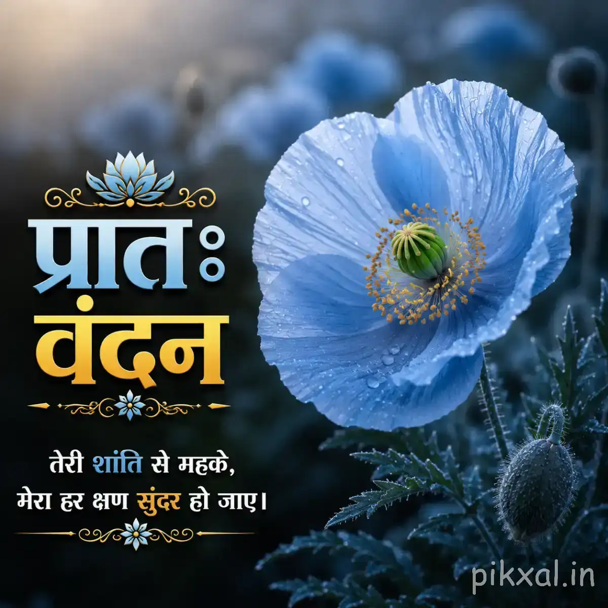 Single pale blue flower with a dark center and unopened buds beside a Hindi morning wish
